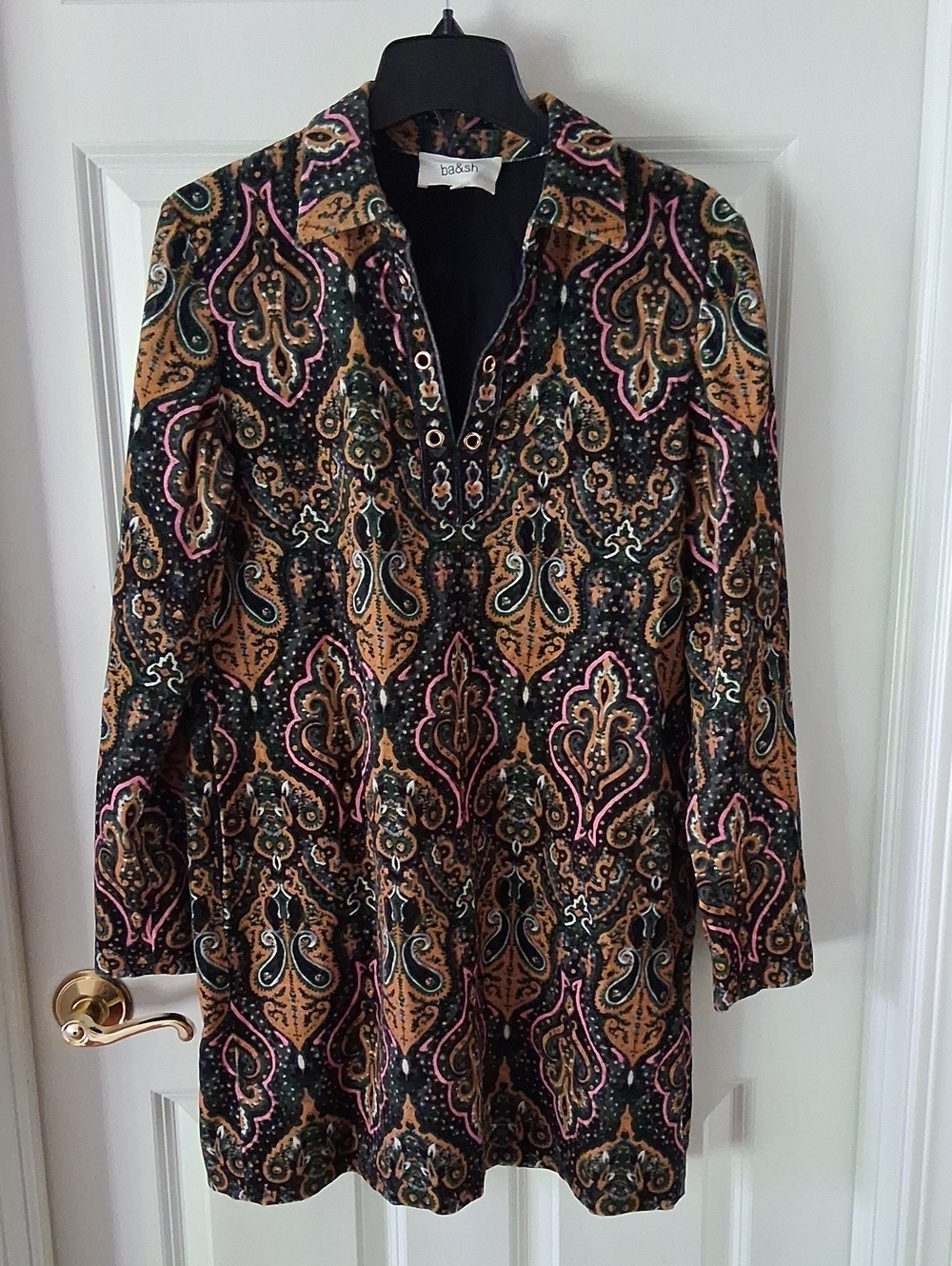 ba&sh Suga Velvet Mini Dress in Black, Brown & Pink, Multicolor, US Size 8